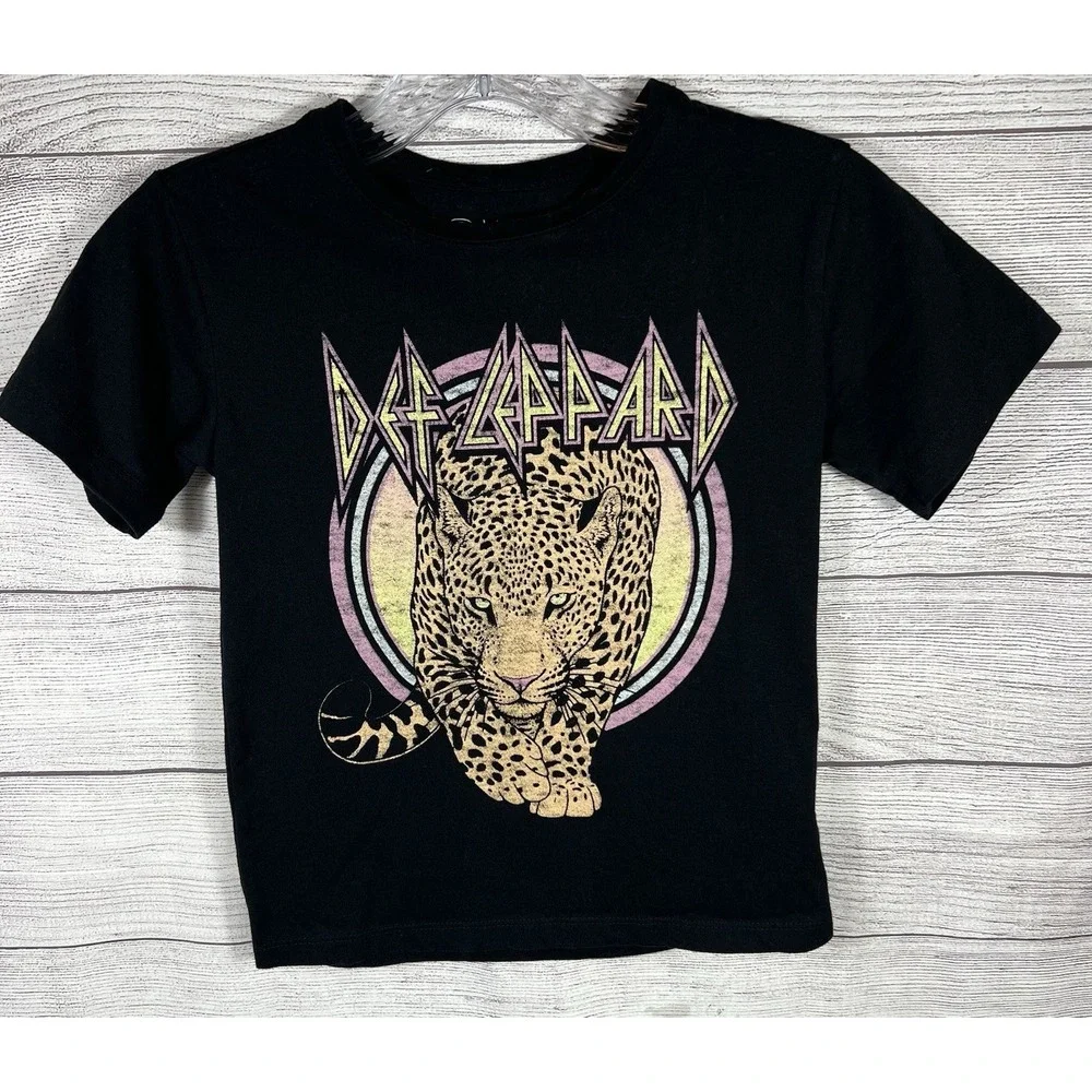Def Leppard Shirt Youth 6-6X Black Leopard Graphic Rock Band Tee Kids Tour‎
